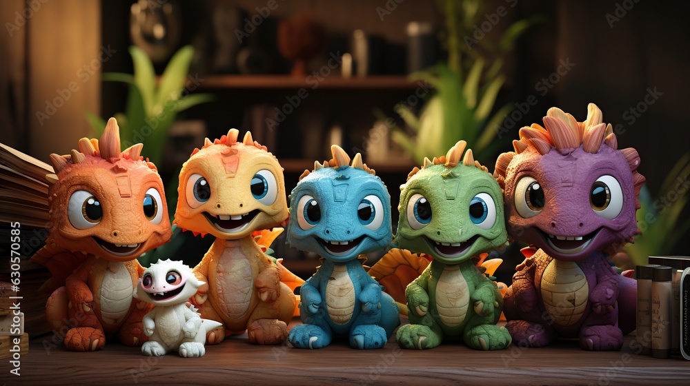 Set of fun cute dino toys on table Set of fun cute dino toys on table