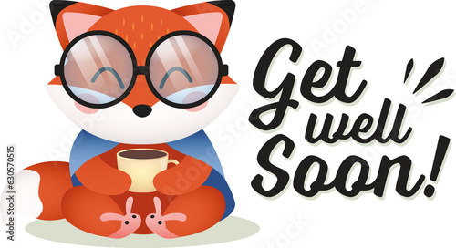 Digital png illustration of happy fox and get well soon text on transparent background