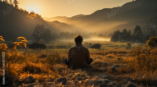 Man meditating in lotus pose at dawn against the background of nature. Golden hour. Yoga. 