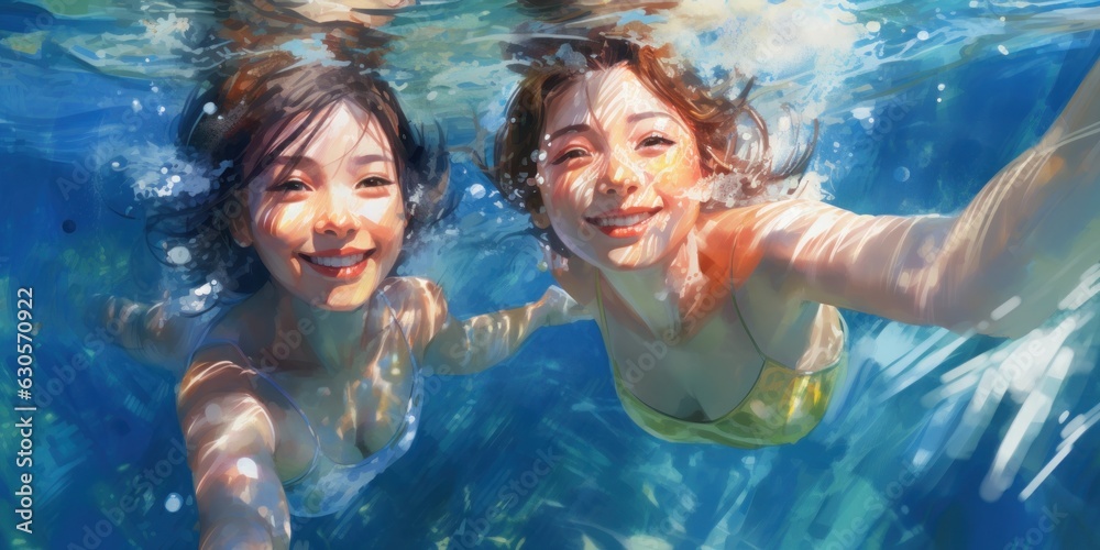 illustration of 2 women are diving under water in sunny day, generative AI