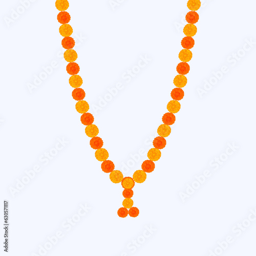 Traditional Indian Marigold Flower Garland with Mango leaves. Decoration for Indian hindu holidays or weddings or Puja Festival, Indian Festival flower decoration
