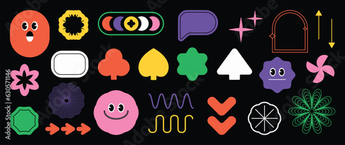 Set of abstract retro geometric shapes vector. Collection of contemporary figure, flower, speech bubble in 70s groovy style. Bauhaus Memphis design element perfect for banner, print, sticker, decor.