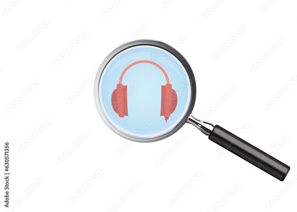 Digital png illustration of headphones in magnifying glass on transparent background Digital png illustration of headphones in magnifying glass on transparent background