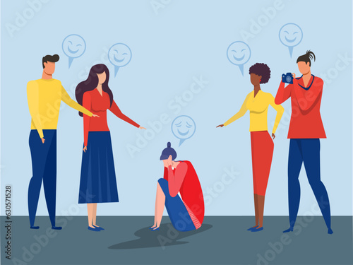 concept of bullying , woman victim sitting holding knees with sad face with male and female laughing sternly pointing at him making the picture cartoon flat colorful vector illustration