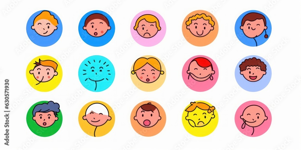 Colorful cartoon character face circle avatar illustration set. Funny people faces, diverse profile icon in trendy cartoon style. Social media reaction sticker, children drawing, Generative AI Colorful cartoon character face circle avatar illustration set. Funny people faces, diverse profile icon in trendy cartoon style. Social media reaction sticker, children drawing, Generative AI