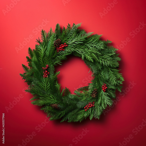 Minimalist decorated Christmas wreath isolated on red background, ai generated