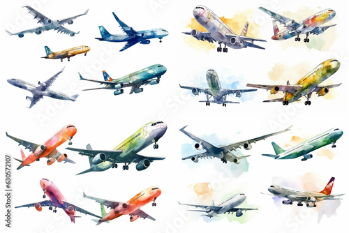 Set of watercolor airplane drawings on white background
