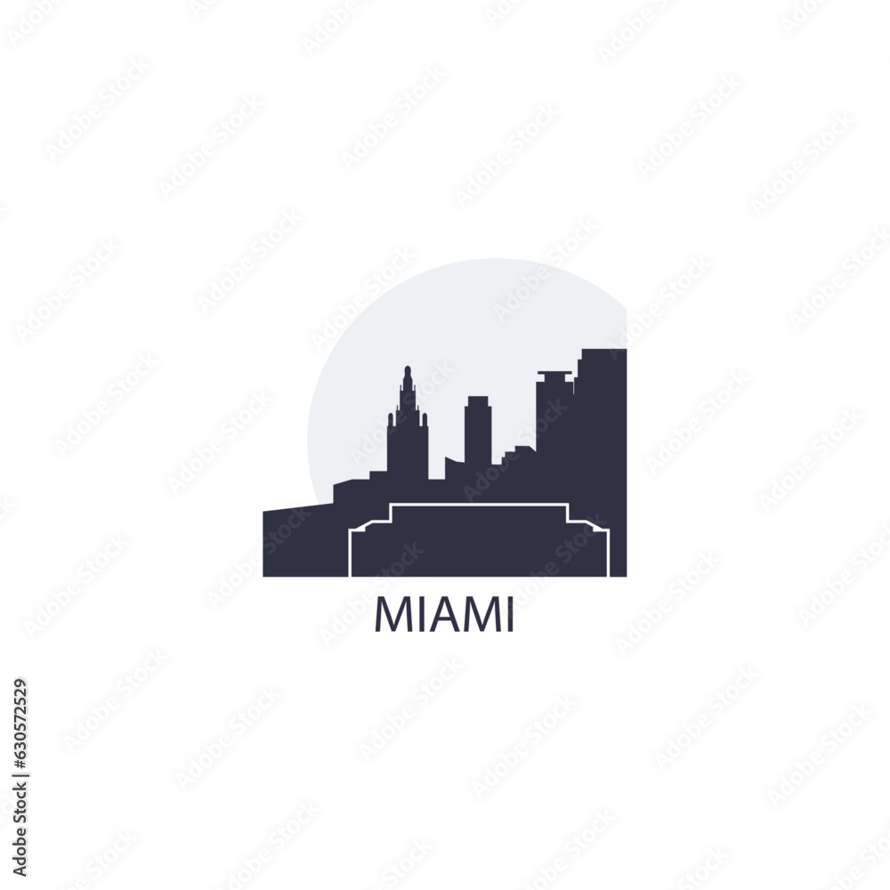 USA United States Miami cityscape skyline capital city panorama vector flat modern logo icon. US Florida American county emblem idea with landmarks and building silhouette at sunset sunrise
