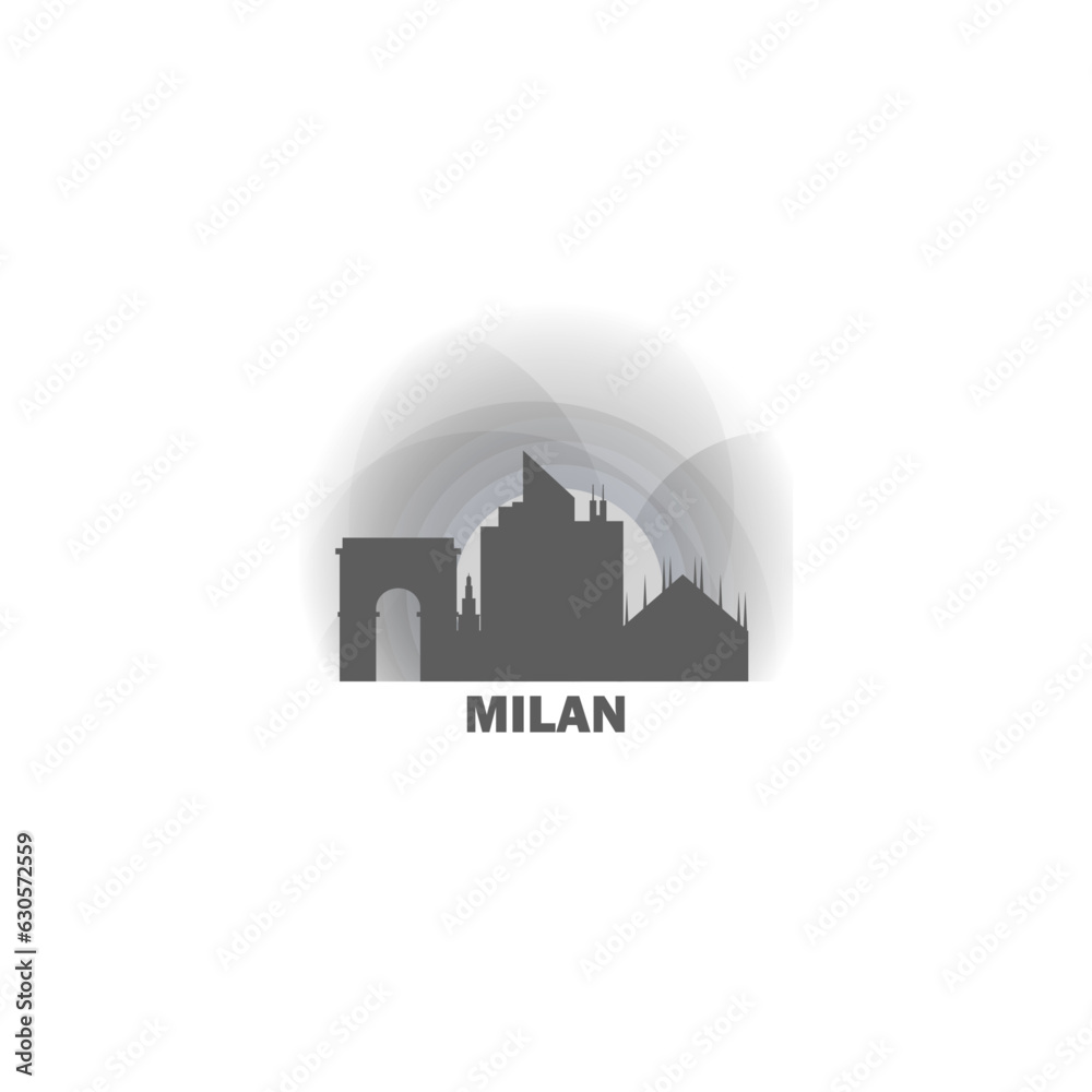 Italy Milan cityscape skyline capital city panorama vector flat modern logo icon. Lombardy region emblem idea with landmarks and building silhouettes at sunrise sunset
