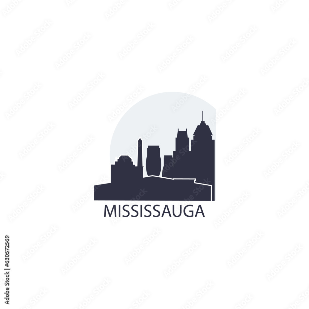 Canada Mississauga cityscape skyline city panorama vector flat modern logo icon. Canadian Ontario province emblem idea with landmarks and building silhouettes at sunrise sunset