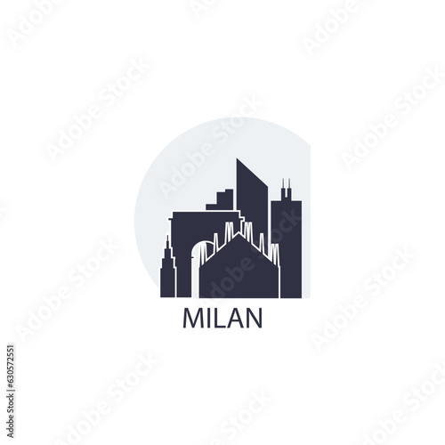 Milan cityscape, skyline, panoramic vector flat logo, icon. Italy, Lombardy city emblem contour with landmarks and building silhouettes at sunrise, sunset