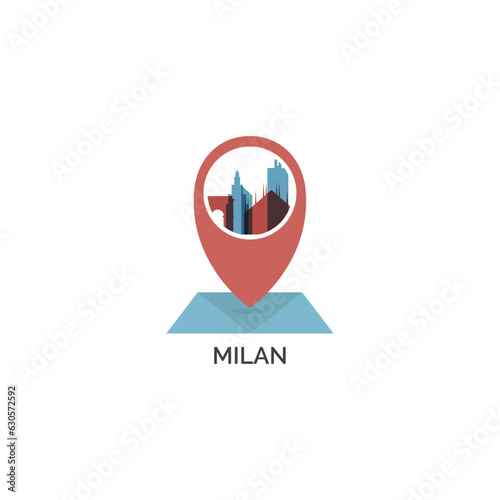 Italy Milan map pin point geolocation modern skyline shape pointer vector logo icon isolated illustration. Lombardy region pointer emblem with landmarks and building silhouettes