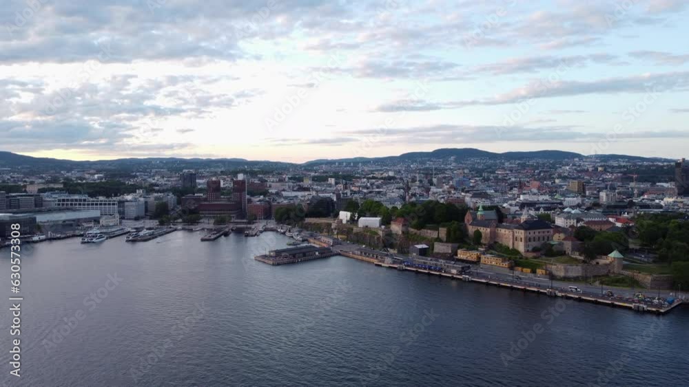 Oslo City and Fjord, Golden Hour, Aerial Dolly Out