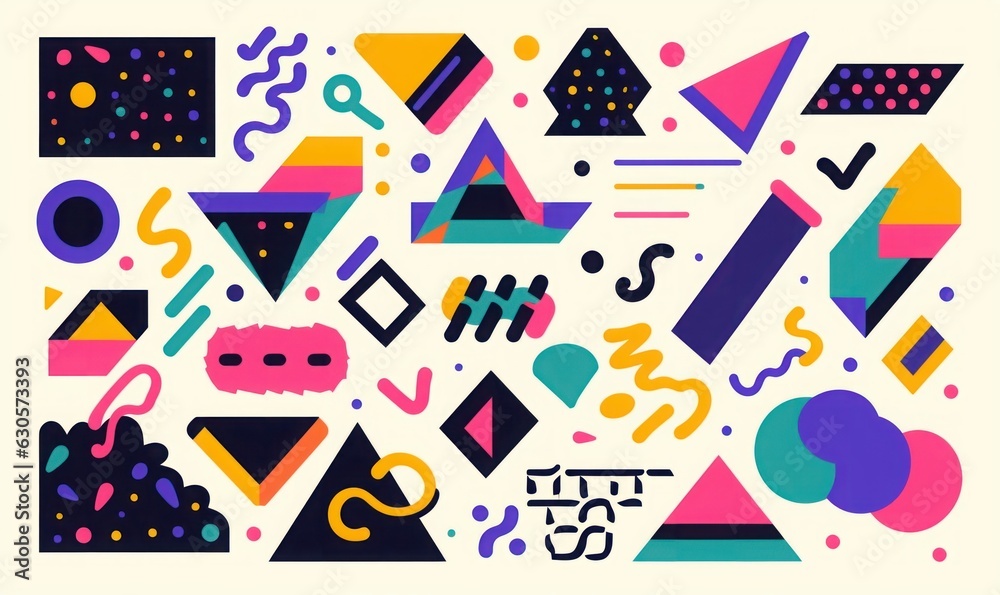 Colorful 90s style geometric shape set. Trendy flat cartoon illustration collection with retro decoration. Nostalgic zig zag lines, triangle element and 80s fashion, Generative AI Colorful 90s style geometric shape set. Trendy flat cartoon illustration collection with retro decoration. Nostalgic zig zag lines, triangle element and 80s fashion, Generative AI