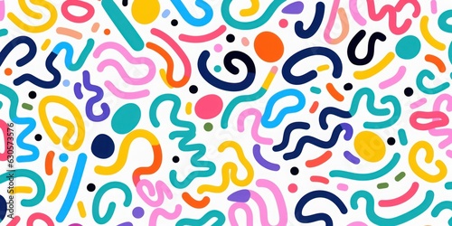 Fun colorful line doodle seamless pattern. Creative minimalist style art background for children or trendy design with basic shapes. Simple childish scribble, Generative AI