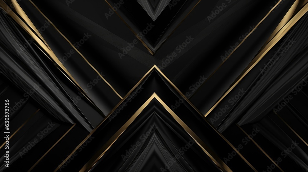 Amazing abstract black golden texture. 3d geometric banner premium royal color. Oil marble picture with glowing effect. Triangle striped trendy modern, Generative AI