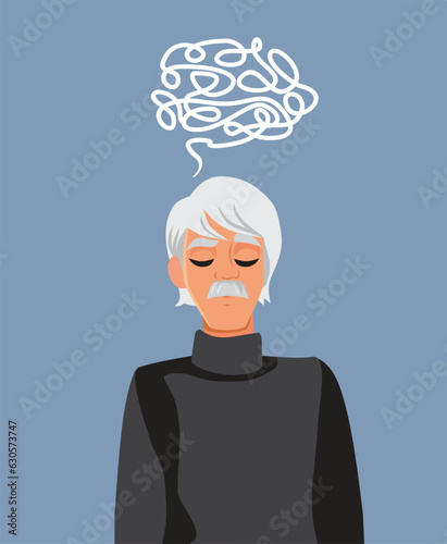 Thoughtful Melancholic Elderly Man Feeling Confused Vector Illustration. Stressed senior person losing her memory due to degenerative disease 
