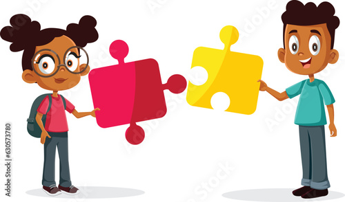 Students Holding a Big Educational Puzzle Vector Cartoon Illustration. Happy friends collaborating to complete a jigsaw game 
