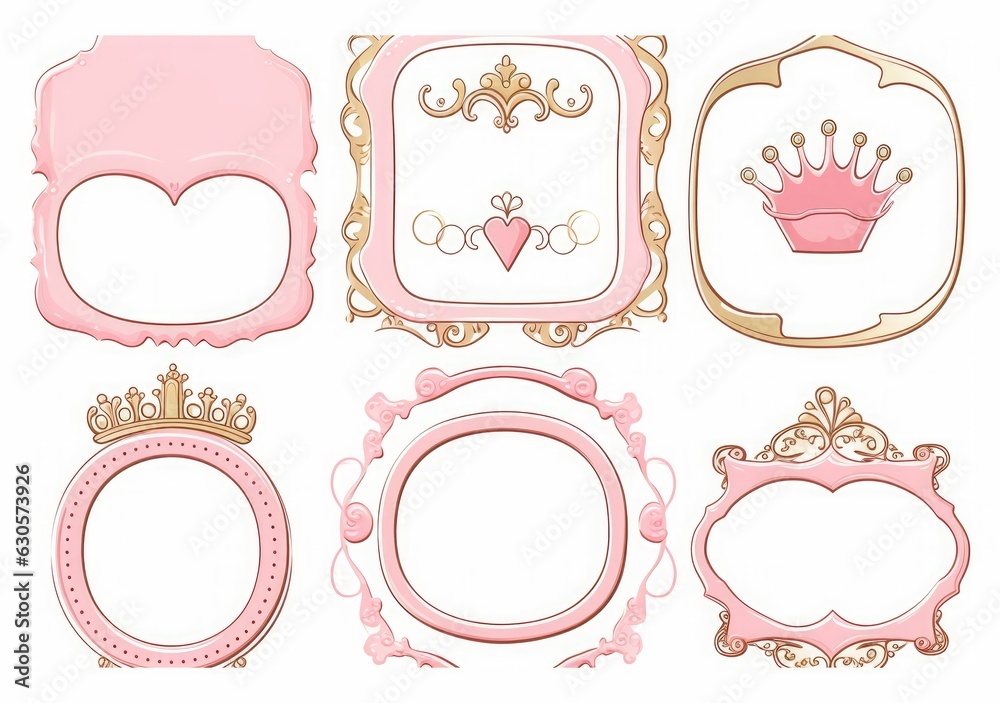 Set of cute doodle mirrors. Princess element of design. Pink frames with crown, tiara. Sketch hand drawn. Child's picture. Invitation birthday template. Baby shower girl card. Decorative, GenerativeAI Set of cute doodle mirrors. Princess element of design. Pink frames with crown, tiara. Sketch hand drawn. Child's picture. Invitation birthday template. Baby shower girl card. Decorative, GenerativeAI