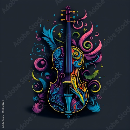 Colorful graffiti illustration of a violin vibrant color colorful Gclef symbols highly detailed photo