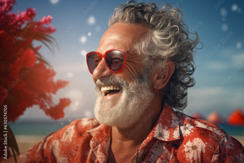 Lifestyles, travel, leisure and fashion concept. Close-up portrait of happy and beautiful mature man in beach. Sunny and windy day. Generative AI Lifestyles, travel, leisure and fashion concept. Close-up portrait of happy and beautiful mature man in beach. Sunny and windy day. Generative AI