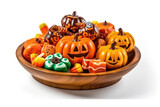 Eco-friendly Halloween pumpkins and candy in a wooden plate isolated on a white background