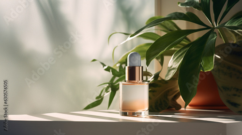 Skincare, perfume bottle product display with green plant in the room and cool natural lighting, refreshing mood and tone. Product mockups for concept natural theme ; organic, beauty product
