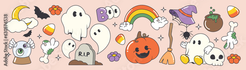 Happy Halloween day 70s groovy vector. Collection of ghost characters, doodle smile face, skull, pumpkin, bat, moon, bone, broom, grave. Cute retro groovy hippie design for decorative, sticker.