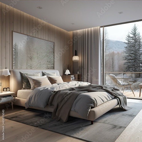 The luxurious interior of the Nordic dark bedroom with modern furnishings against the atmosphere outside the cold and snowy windows.