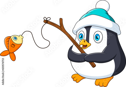 Cute penguin fishing cartoon illustration