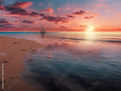 Seascape at sunset with sailboats, seagulls, and a sandy beach