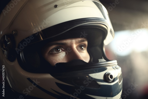 Portrait concentrated caucasian male car racer in protective white helmet looking away, closeup of driver's eye. Sports speed racing © Sergio