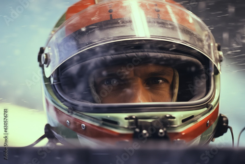 Sport high-speed racing, close-up of concentrated serious male car racer in protective helmet looking away © Sergio