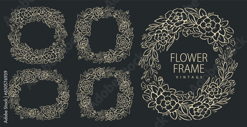 Floral frames luxury collection. Drawn line wedding herb, leaves and flowers for invitation card. Vector illustration