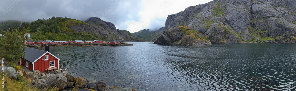Panoramic view of the fishing village Nusfjord on Lofoten in Nordland county, Norway, Europe
