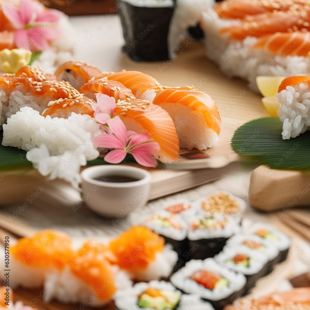 Seamless pattern with fresh and delicious sushi rolls with salmon and rice. Endless texture. Restaurant food wallpaper background. Seamless pattern with fresh and delicious sushi rolls with salmon and rice. Endless texture. Restaurant food wallpaper background.