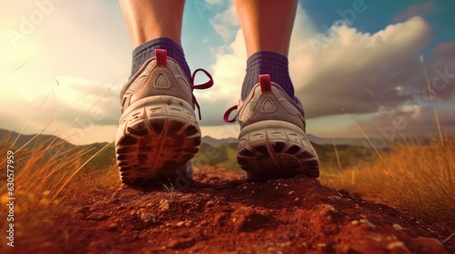 Hiker foots shoes over landscape background.