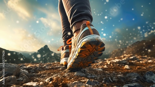 Hiker foots shoes over landscape background.
