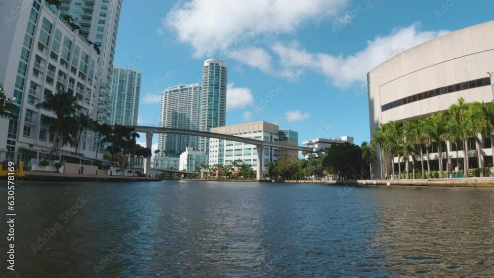cityscape of Miami Florida by boat with tall buildings and palm trees along the coastline cityscape of Miami Florida by boat with tall buildings and palm trees along the coastline