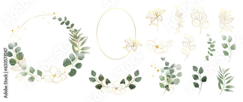 Luxury botanical gold wedding frame elements collection. Set of circle, glitters, leaf branches, flower, eucalyptus. Elegant foliage design for wedding, card, invitation, greeting.