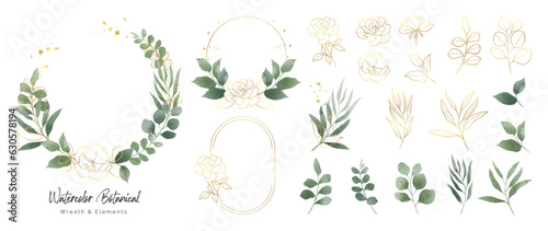 Luxury botanical gold wedding frame elements collection. Set of circle, glitters, leaf branches, flower, eucalyptus. Elegant foliage design for wedding, card, invitation, greeting.