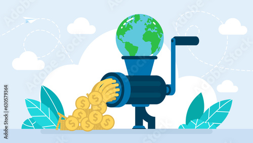 Earth deformation passing through the meat grinder. Squeeze from the planet Earth and its resources, a lot of money. Protection of the environment. Eco banner. Vector flat illustration