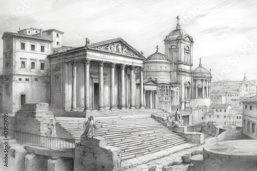 Pencil sketch drawing of Roman building architecture 
