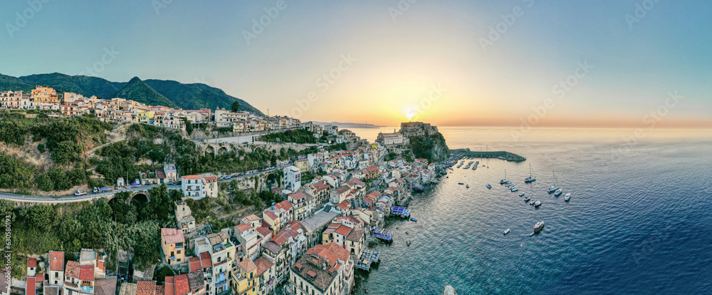 Panoramic view of Scilla with blue sea and castle Ruffo on the rocks, Calabria, Italy - obrazy, fototapety, plakaty 