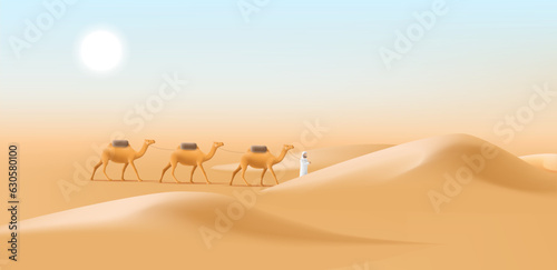 Cameleer men with camels caravan in a desert landscape, man leading animals in dune, 3d illustration
