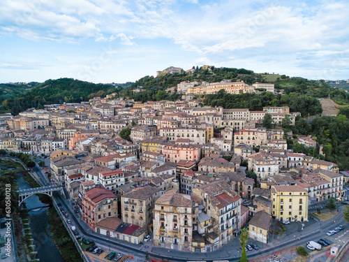 Aerial view of the beautiful old city of Cosenza and the medieval castle, in the region of Calabria, Italy.