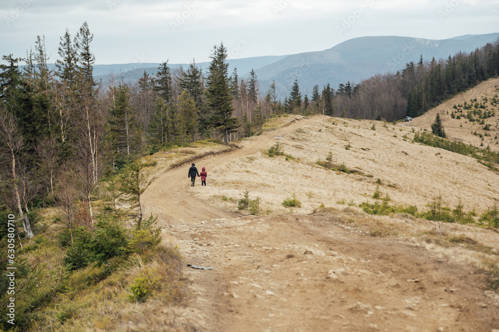 Two children - son and daughter walk around the mountain ridge by the hands