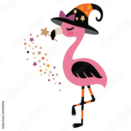 Cute Halloween flamingo witch vector cartoon illustration