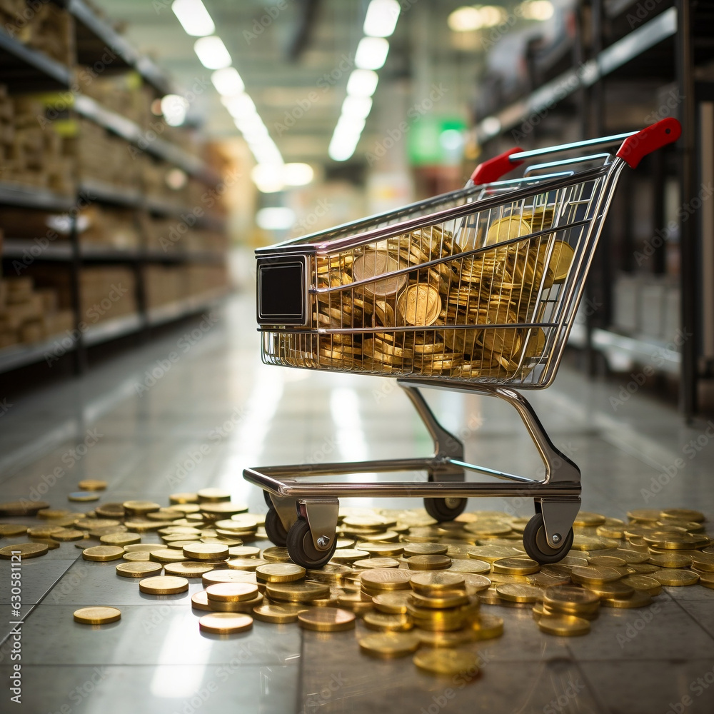 A supermarket trolley with gold coins portraying the cost of living crisis and inflation