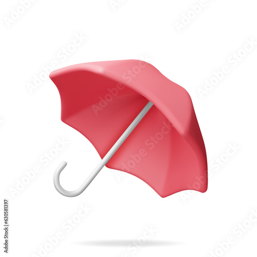 3D Classic Red Umbrella Isolated on White. Render Umbrella Personal Accessory. Protection from Rain, Insurance Symbol. Realistic Vector illustration